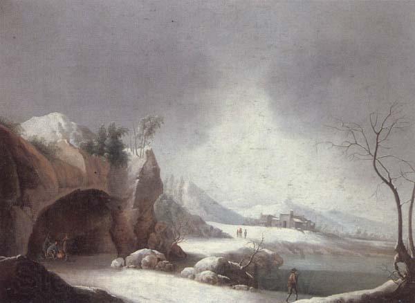 unknow artist A winter landscpae with travellers gathered aroubnd a fire in a grotto,overlooding a lake,a monastery beyond Germany oil painting art